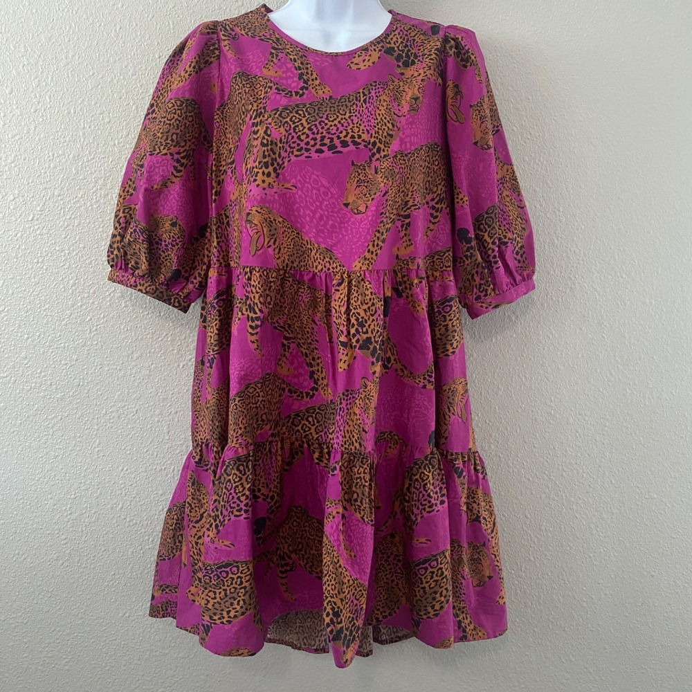 Farm Rio Magenta Leopard Print‎ Tiered Mini Dress Small Puff Sleeve Feminine